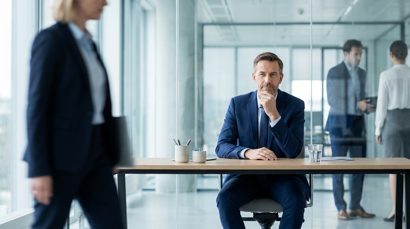 Konzentrierter Finanzprofi am aufgeräumten Schreibtisch im Büro