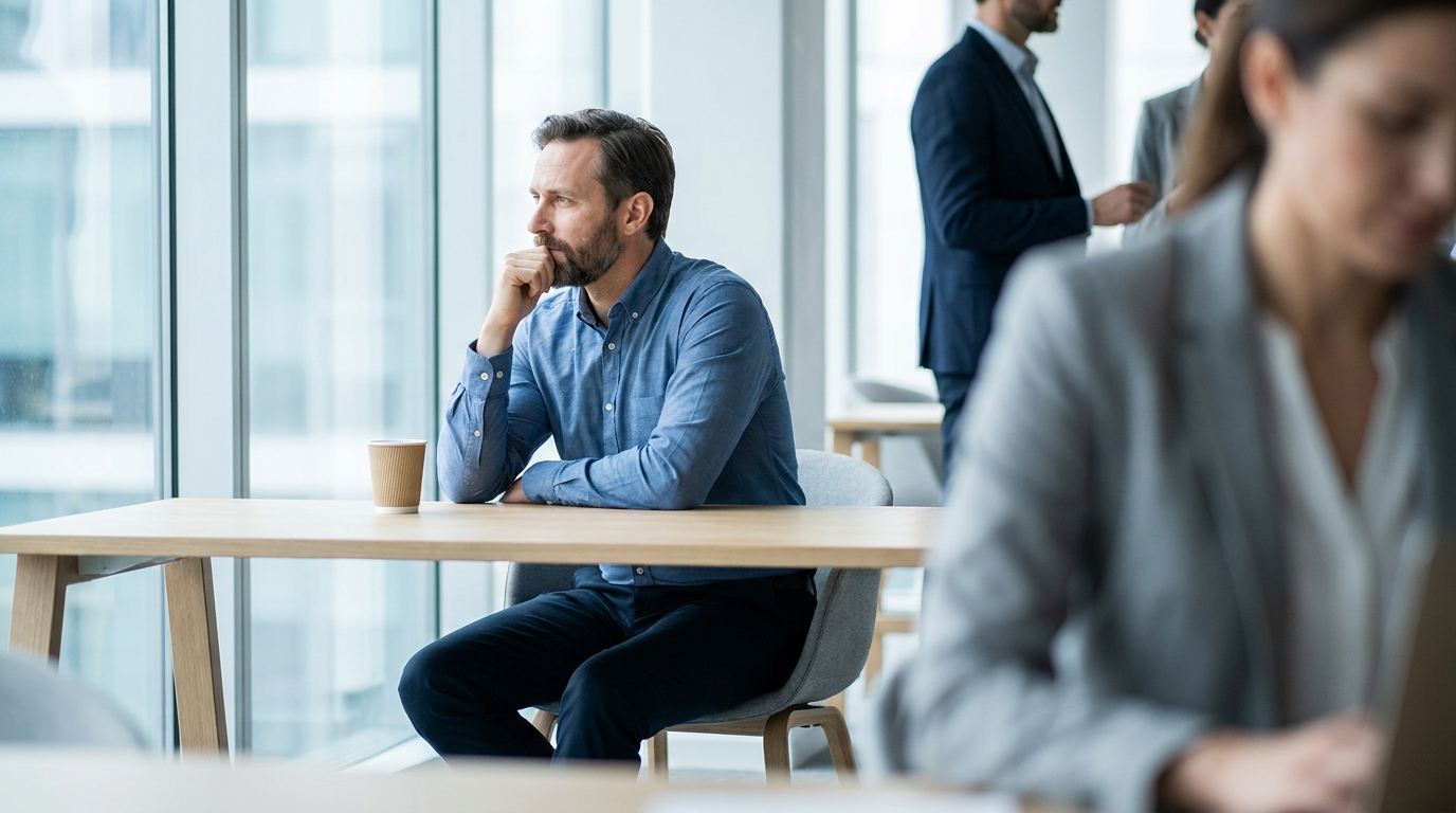 Versicherungsmakler überlegt am Schreibtisch in einem hellen modernen Büro