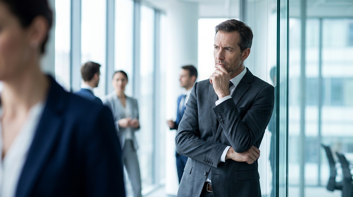 Konzentrierter Versicherungsmakler mit nachdenklichem Blick im Büro